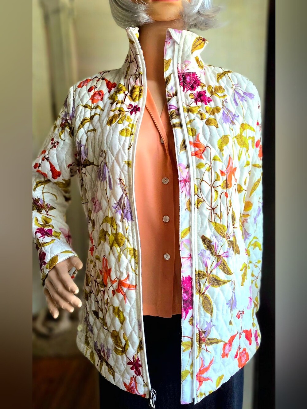 Lands End Womens S 6-8 Floral Quilted Jacket Botanical Zip Pockets